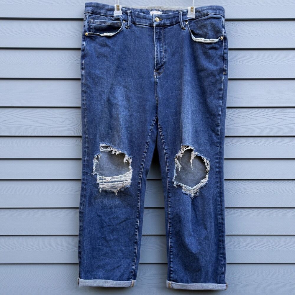 Good American Sz 20-26 Plus Jeans Women Blue Cotton Blend Ripped Knee Distressed